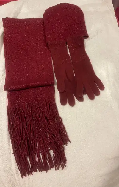 Shiny Maroon 3 pc Scarf, Hat & Gloves Gift Set, View more