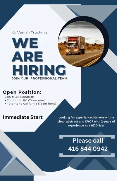 Looking for 5 US solo drivers and 1 Local driver with at least 2 years of experience. Clean record ....