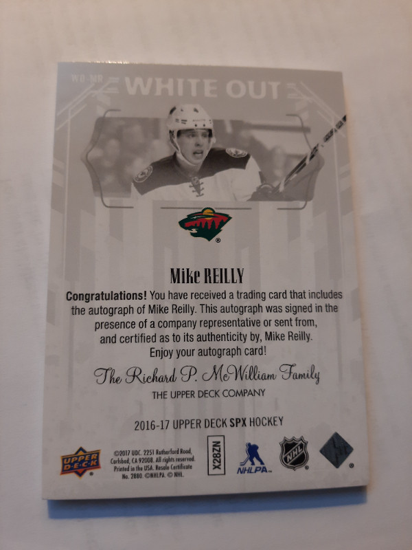 Mike Reilly 2016-17 SPx - White Out Autographs #WO-MR in Arts & Collectibles in Oakville / Halton Region - Image 2