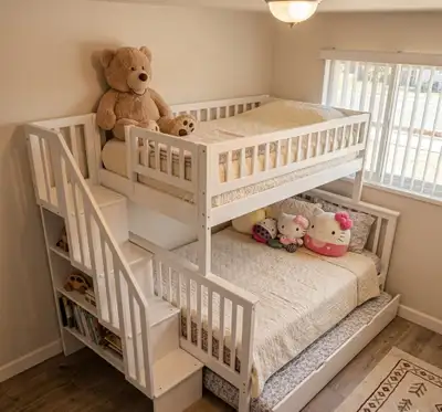 Modern White Bunk Bed for Kids | Twin Over Full with Stairs, View more