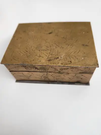 Chinese etched brass and wood box with hinged lid, View more
