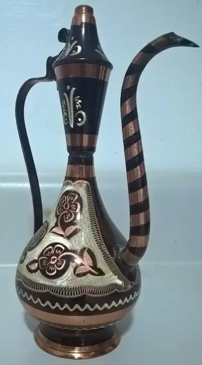 Vintage Turkish Copper Silver Tone Etched Floral Samovar Coffee Pot 7" height x 3 1/4" diameter the...