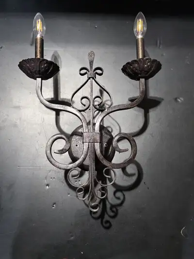 Gothic Wrought Iron Wall Sconce - 2-Light Candle Fixture, View more