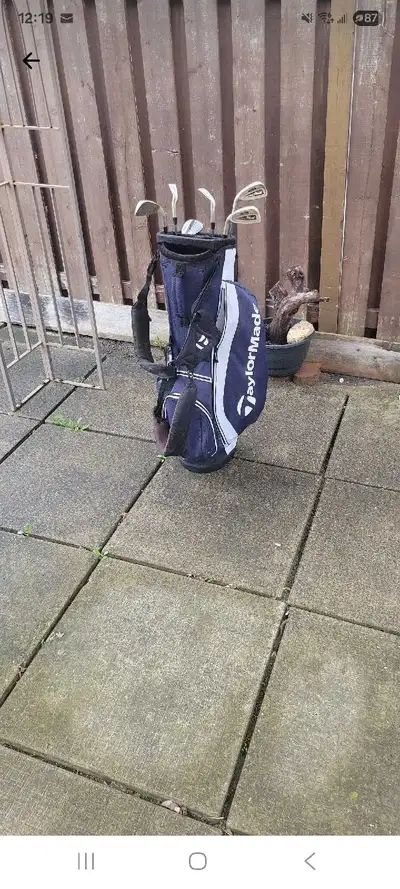Taylor made golf bag cart and clubs, View more