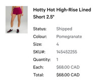 Lululemon Pomegranate Hotty Hot 2.5 lined shorts