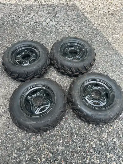 Full set rims and tires Fronts - 26x8 14r Rears - 26x10 14r Take offs from a 21 Polaris scrambler 85...
