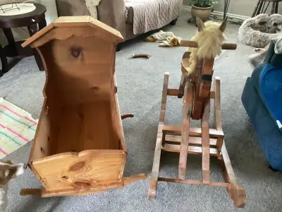 home made cradle and rocking horse $50each open for offers, View more