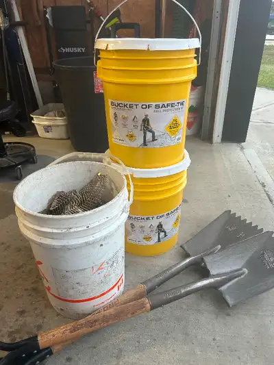 x2 Bucket of Safe-Tie (each containing a harness, 50’ vertical line, and temper anchor), a bucket of...