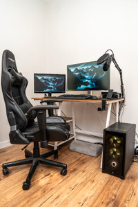 Complete High-End PC Setup: Desk, Dual Monitors, Gaming Chair