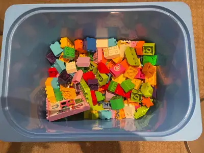 Roughly +250 pieces of LEGO Duplo blocks(including 2cars, 5 little guys, windows, doors, special blo...