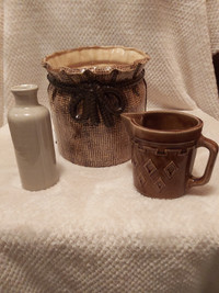 Vintage Pottery Decor: Burlap Bag Planter/Diamond Pitcher/Vase