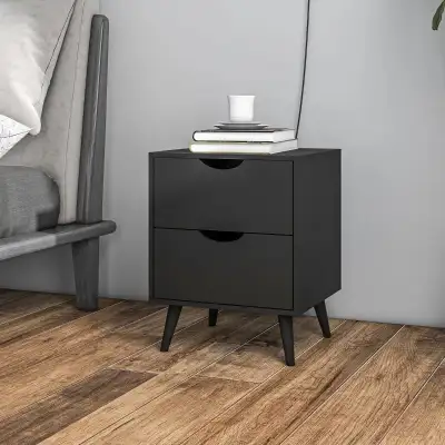 Modern Bedside Table, Nightstand with 2 Drawers and Pine Wood Legs for Bedroom, Living Room, Black F...