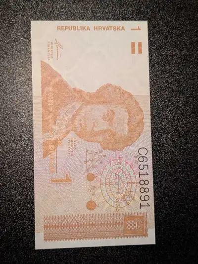 1991 1 Croatian Dinar from when Croatia issued its own currency. Banknote is as is(uncirculated cond...