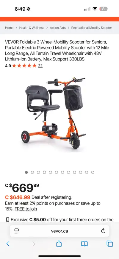 This is a used Vevor scooter designed for seniors, featuring a portable, electric-powered 3-wheel de...
