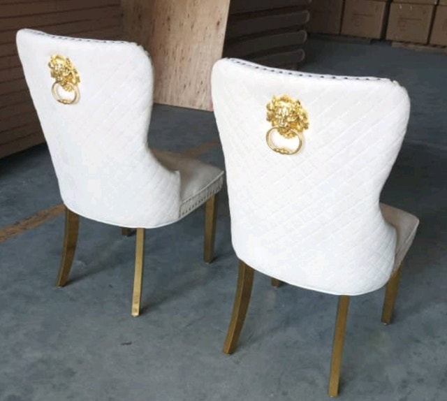 72" Glass Dining Table Gold Base 7pcs Set with LION KNOCKER Gold