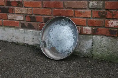 For Sale: 80 galvanized steel poultry feeder pans. Pan measures 14 1/2" wide and 2" deep. Asking $5....