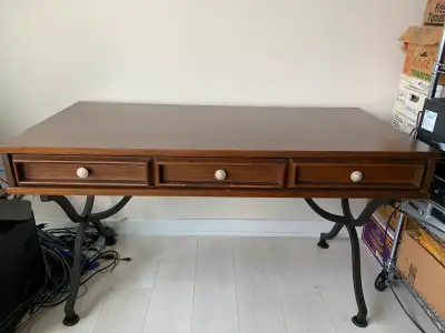 Writing Desk with Wrought Iron Legs, Solid Wood (Can Deliver), View more