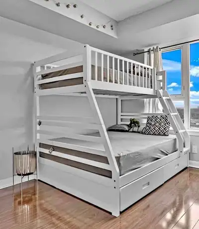 Modern White Twin-over-Double Bunk Bed with Storage Drawers -New, View more