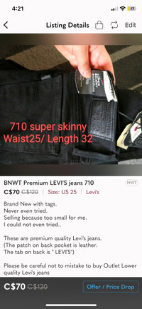 New with tags levis premium 710 / size25