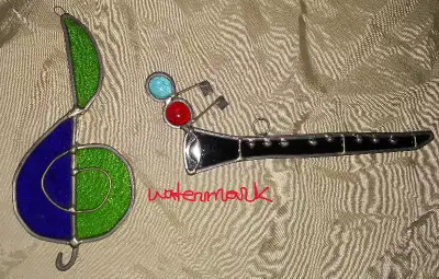 HANDMADE CHRISTMAS STAINED GLASS OBOE & MUSICAL NOTE ORNAMENTS, View more