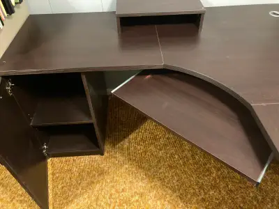 Office desk for computer. L shape with shelves one side and filing on other side. This is straight f...
