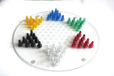 Pavilion Glass Chinese Checkers Set. 60 glass pieces, board, instructions. Complete. Includes instru...
