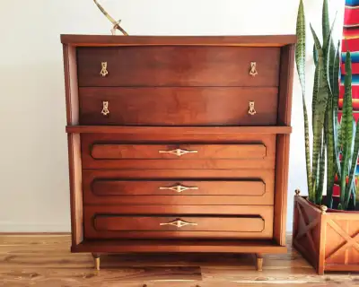 Refinished vintage mid-century modern walnut dresser., View more
