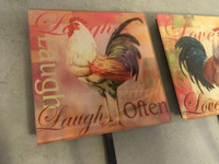 3 Vintage LAUGH LOVE LIVE Wall Tiles Rooster Illustrations Glass