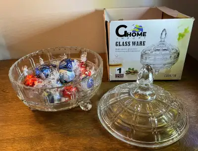 Large Clear Glass CANDY DISH w LID-NEW in Box-Great Gift for $12, View more
