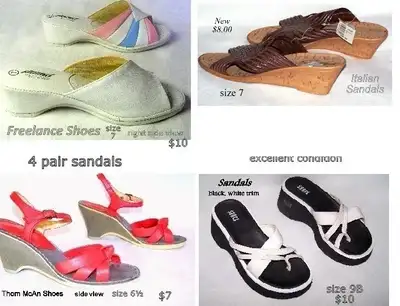 Sandals 4 pair: $10, Freelance 7,Italian 7,  McCan 6½, Shocks 9, View more