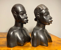 Vintage Beautiful Hand Carved Ebony Wood African Busts Man & Wom