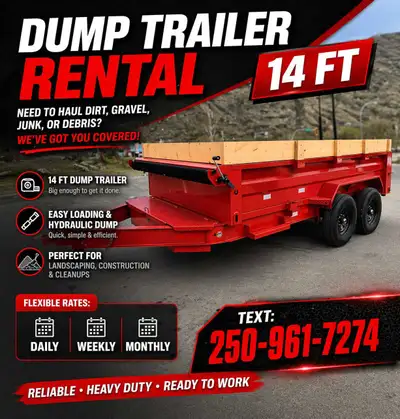 Rent our 14-foot dump trailer, perfect for hauling dirt, gravel, junk, or debris, making your landsc...