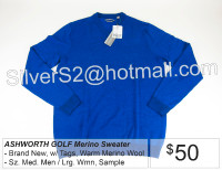 = ASHWORTH GOLF V-Neck Sweater Merino Wool Sz Med M Lrg W Blue =