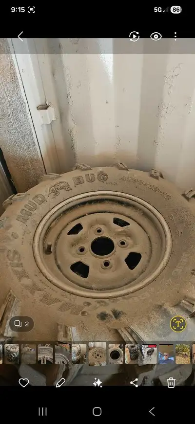 Set of Mud Bugs on stock yamaha grizzly rims $250. RZR front and rear tire/rims $200