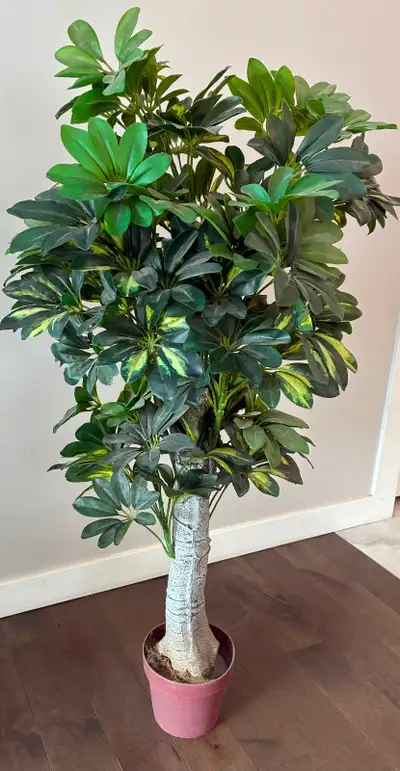 This artificial umbrella tree has bright green leaves. It’s a pretty decorative piece. It’s 46” nigh...