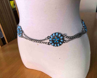 SilverMetal Chain Belt with Turquoise and Rhinestone Flowers