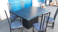 BLACK DINING TABLE w/6 METAL FRAMED CHAIRS.