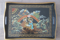 Vintage Tole Black Lacquer Gold Nativity Wood Tray Christmas