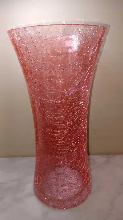 Rare 10" Tall Pink Crackle Glass Vase Wide Mouth Hand-blown , View more