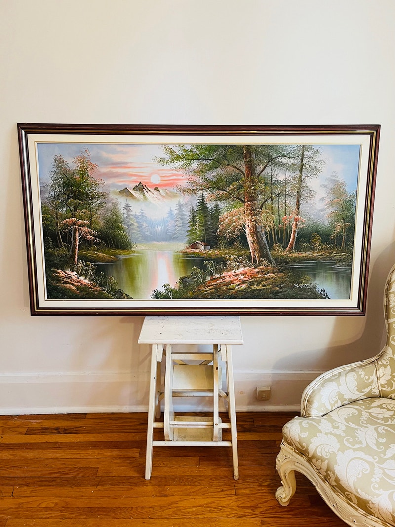 Large vintage oil painting landscape with mountains Arts