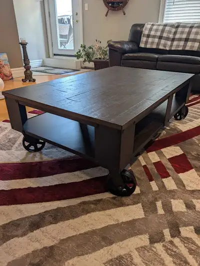 Wood and Metal Coffee Table on Wheels, View more