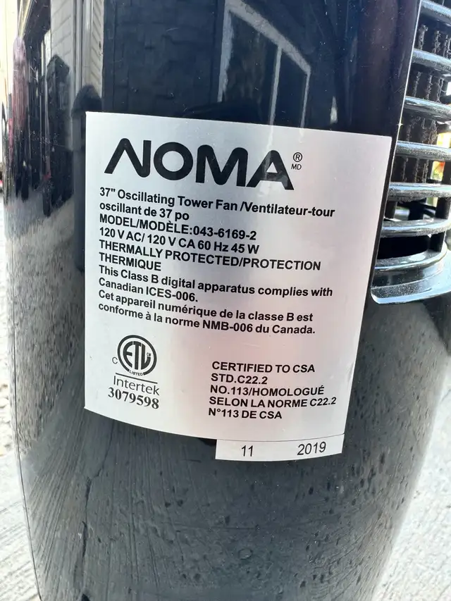 NOMA 37" Oscillating Tower Fan (Delivery Available)63771549784579121