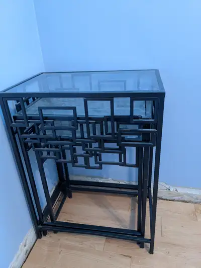 Three nesting tables, metal and glass construction, View more