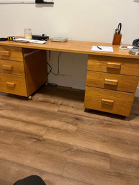 Solid oak desk, top comes off with the two boxes on casters, 