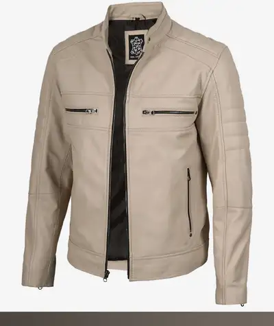 New XL Men's Beige Leather Cafe Racer Jacket w/ Tag, View more