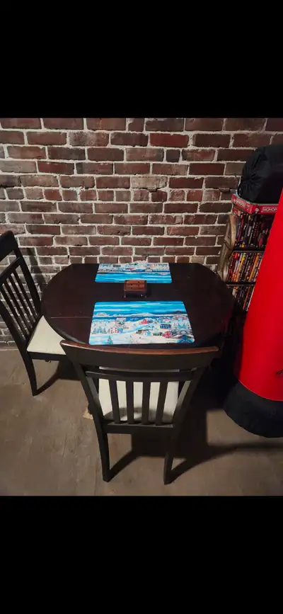 Collapsible, kitchen table and two chairs, 60$, View more