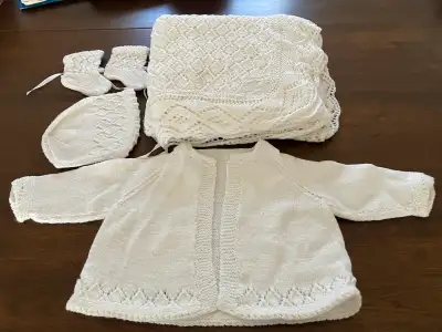 Hand knitted white newborn layette, View more