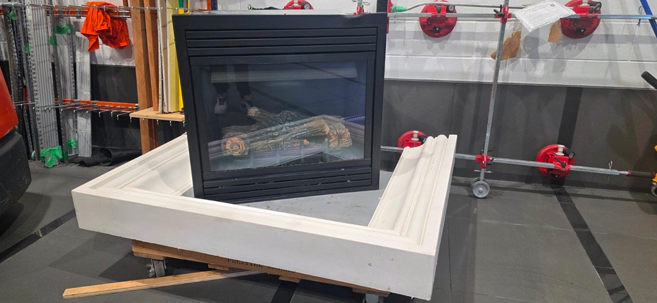 Limestone Fireplace Mantel with Fireplace Insert | Fireplace & Firewood ...