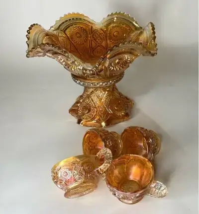 Magnificent Carnival Glass Marigold Imperial Fashion Punch Bowl, View more