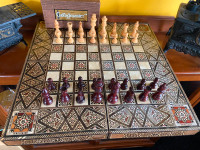 19.5" Wooden Mosaic Inlaid Chess Set Backgammon Folding Board